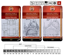 Комплект графитни моливи 1502 Koh-I-Noor Кохинор, Арт, Техник, График, 12 броя в метална кутия