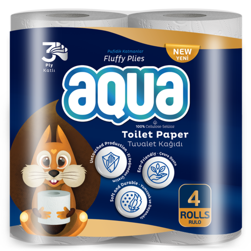 Тоалетна хартия Aqua, 3-пластова, бяла, 4 броя в пакет