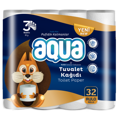 Тоалетна хартия Aqua, 3-пластова, бяла, 32 броя в пакет