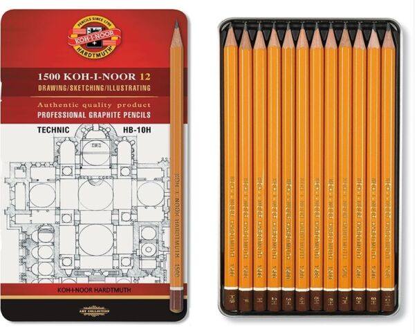 Комплект графитни моливи 1502 Koh-I-Noor Кохинор, Арт, Техник, График, 12 броя в метална кутия - Image 2
