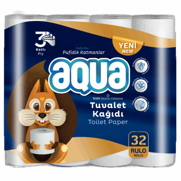 Тоалетна хартия Aqua, 3-пластова, бяла, 32 броя в пакет